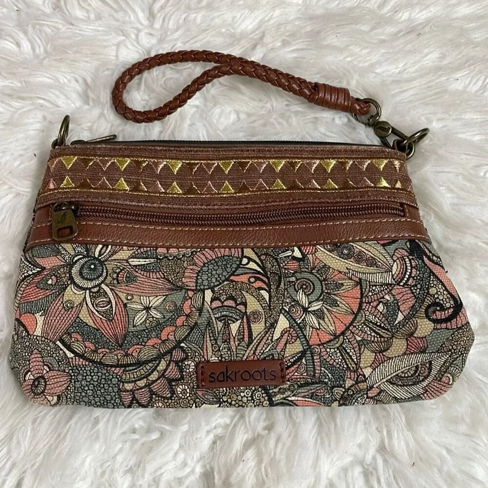 SAKROOTS Floral Wristlet Purse Handbag Braided Strap 10” W x 6 1/2”L